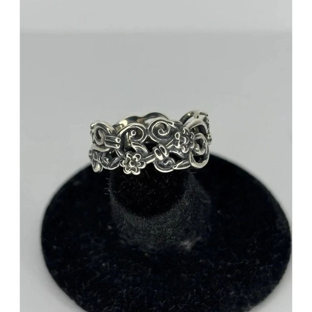 Sterling Silver 925 Floral Vine Filigree Band Ring Size 7 Wide 8mm